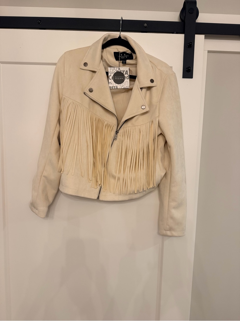 Vegan Suede Fringe Moto Jacket - Cream